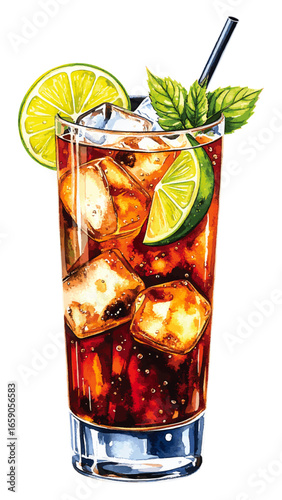Watercolor Illustration of a Classic Cuba Libre Cocktail