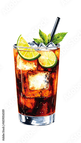 Watercolor Illustration of a Classic Cuba Libre Cocktail