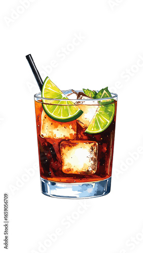 Watercolor Illustration of a Classic Cuba Libre Cocktail