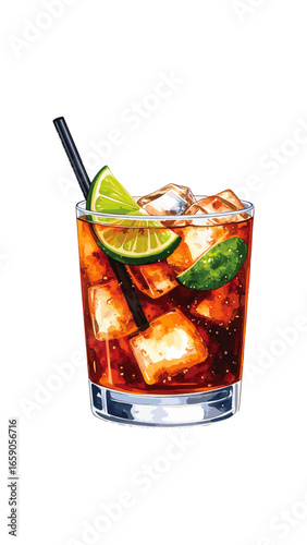Watercolor Illustration of a Classic Cuba Libre Cocktail