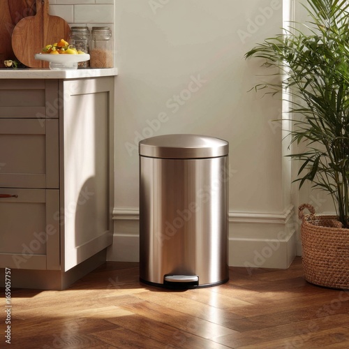 Wallpaper Mural Stainless steel trash can sits neatly in a modern kitchen corner, blending functionality with style and cleanliness in a bright, contemporary space. Torontodigital.ca