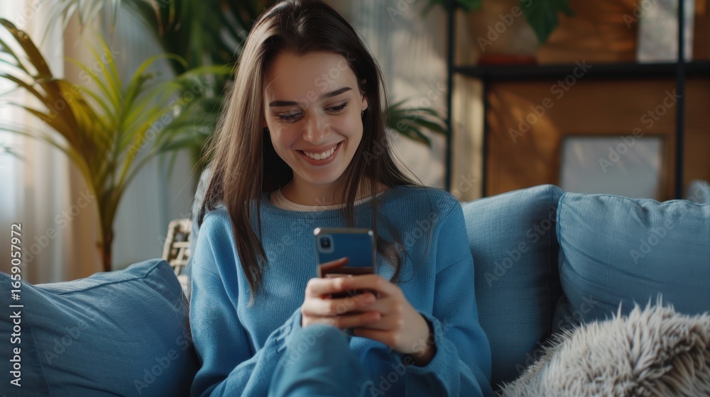 Fototapeta premium Happy girl checking social media while holding smartphone at home. Smiling young brunette woman using mobile phone app to play games, shop online, order delivery while relaxing on sofa. Scrolling.