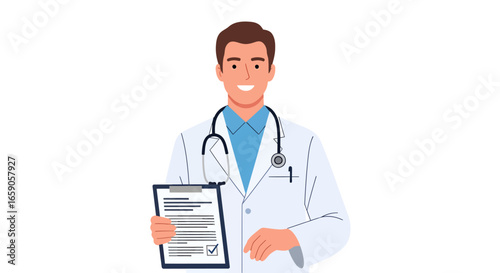 Flat Smiling Doctor with Stethoscope Holding Clipboard Healthcare Illustration