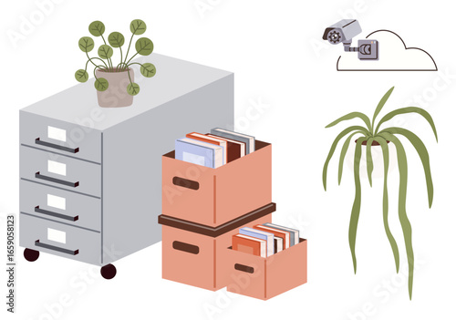 File cabinet with drawer handles, stacked boxes with books, potted plants, and a security camera. Ideal for office organization, document management, security systems, minimalism, greenery decor