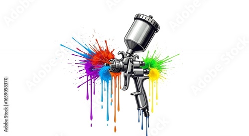 Metallic Paint Spray Gun with Vibrant Multicolor Paint Splashes on White Background