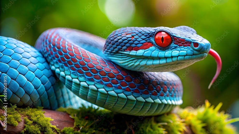 Obraz premium Vibrant blue pit viper with striking red eyes in lush greenery