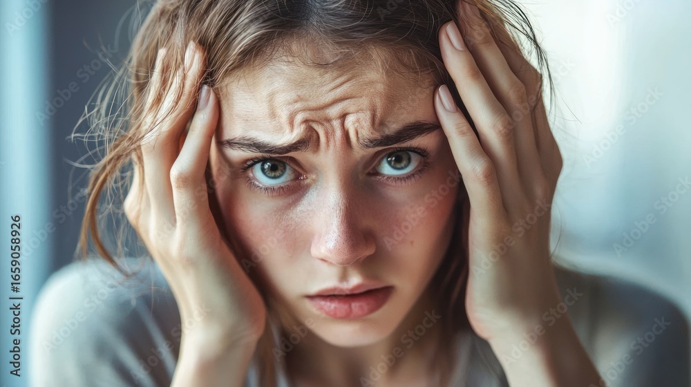 Fototapeta premium A young woman with wet hair, holding her head in her hands, looking distressed.