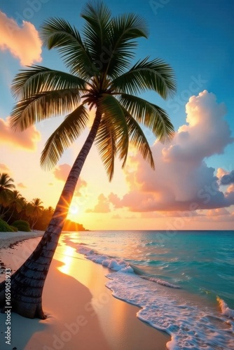Majestic palm leaning over pristine beach, sunset glow , sunset, horizon, island