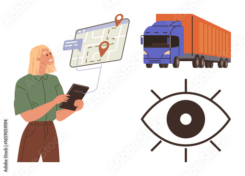 Female using a tablet to track a shipping route on a digital map, a cargo truck representing transportation, and an iconographic eye symbolizing real-time tracking. Ideal for logistics, supply chain