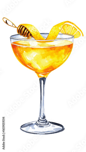 Watercolor Illustration of Bee’s Knees Cocktail – Classic Gin Drink with Honey and Lemon