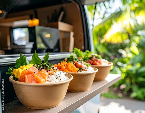 Fresh Salmon Poke Bowls Served from a Food Truck Window.