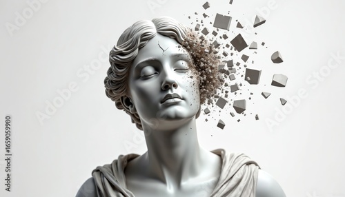 Realistic marble statue of woman with cracked head. Face shows serene expression, closed eyes. Pieces of stone fragment, breaking apart from head, mental health issues like anxiety, depression, pain.