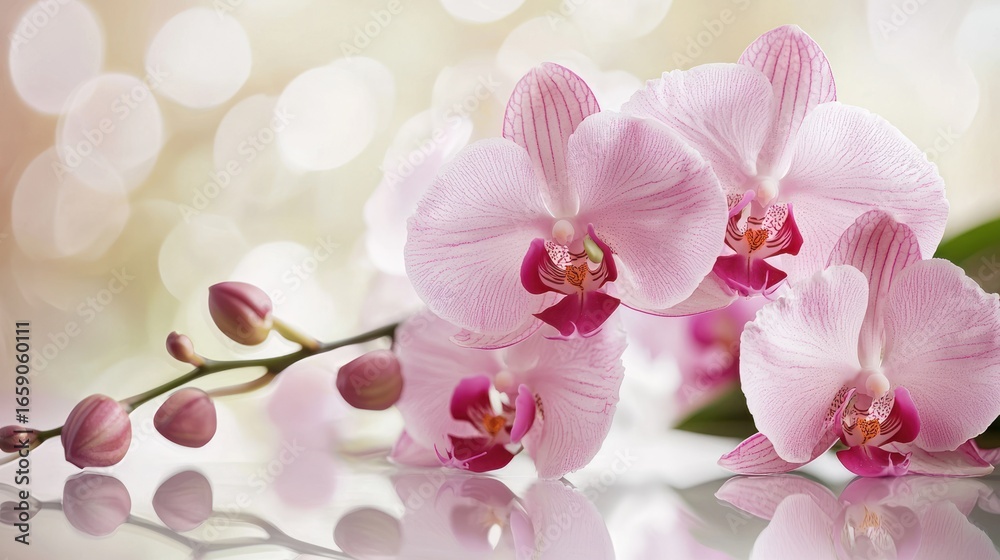 Fototapeta premium Pink orchid flowers with green leaves on a white background.