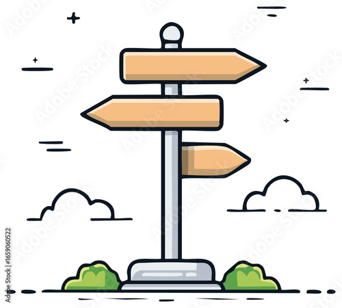 Directional road post with three arrow-shaped signs indicates various directions in travel icon
