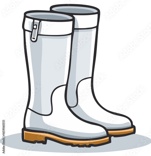 Cartoon illustration of a pair of white rain boots with brown soles and a side zipper.