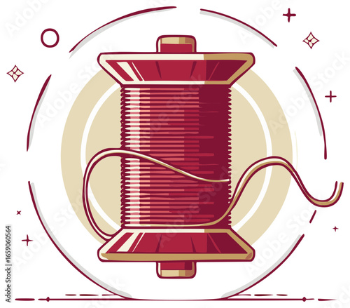Stylized spool of red thread, needlework concept with decorative elements on a bright background, hobby crafts and handmade tools