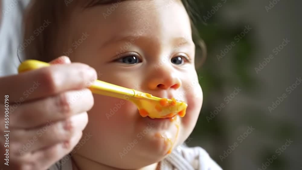 Close-up of a baby being spoon-fed food with a yellow spoon by an adult. The baby has bright blue eyes and fair skin Close-up of a baby being spoon-fed food with a yellow spoon by an adult. The baby has bright blue eyes and fair skin