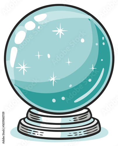 Illustration of a clear fortune telling crystal ball with decorative base and stars