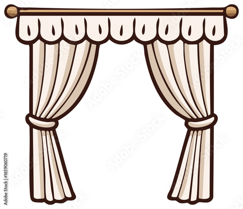 Elegant cartoon beige curtains with valance and tie backs hanging on wooden rod
