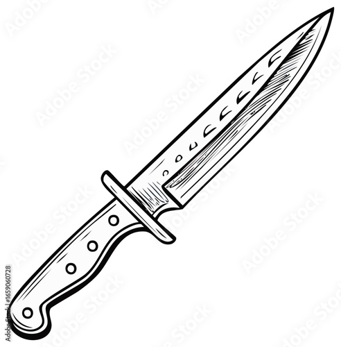 Hand Drawn Sharp Combat Knife with Serrated Edge Illustration Line Art