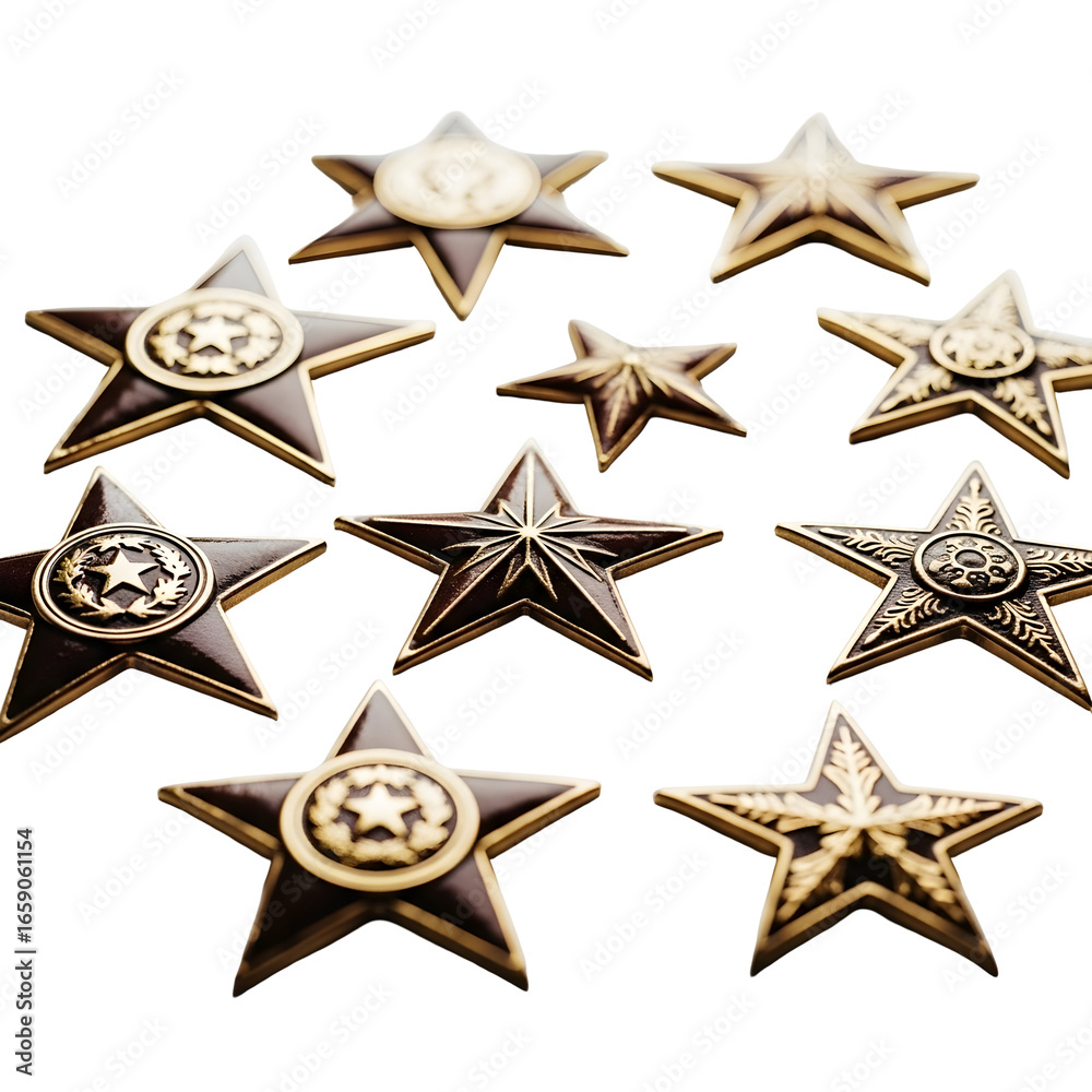 Obraz premium Collection of Shiny Gold and Bronze Star Awards on a White Background