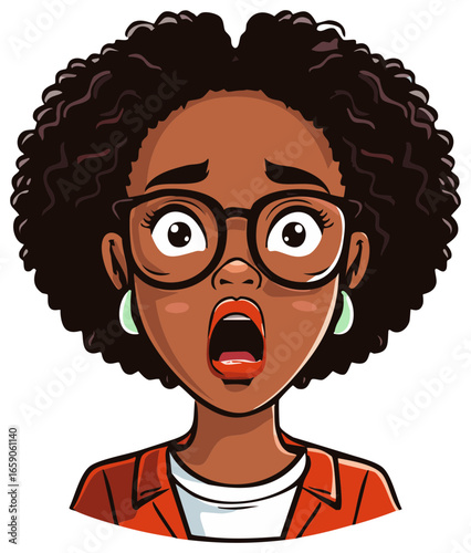 Animated Woman with Curly Hair and Glasses Expressing Surprise and Shock with an Open Mouth