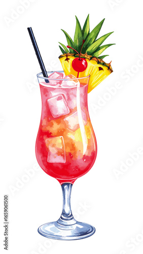 Watercolor Illustration of Singapore Sling Cocktail – Classic Tropical Drink Artwork