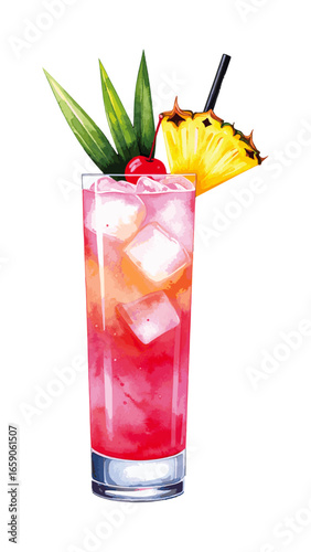 Watercolor Illustration of Singapore Sling Cocktail – Classic Tropical Drink Artwork