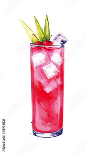 Watercolor Illustration of Singapore Sling Cocktail – Classic Tropical Drink Artwork
