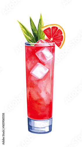 Watercolor Illustration of Singapore Sling Cocktail – Classic Tropical Drink Artwork