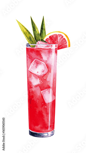 Watercolor Illustration of Singapore Sling Cocktail – Classic Tropical Drink Artwork