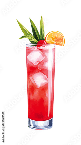 Watercolor Illustration of Singapore Sling Cocktail – Classic Tropical Drink Artwork