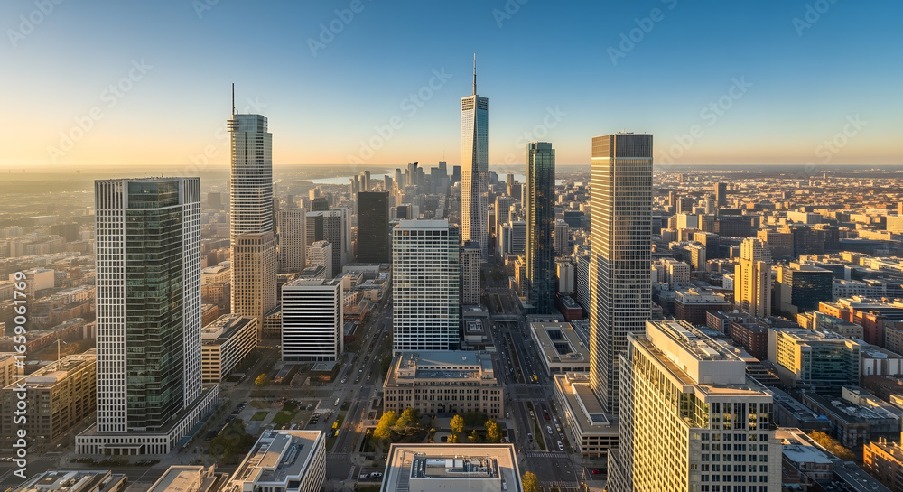 Obraz premium Elevated City View- Sunlight and Shadows on Modern Architecture