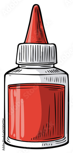 Hand drawn cartoon illustration of a bottle of red glue for arts and crafts