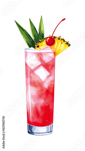 Watercolor Illustration of Singapore Sling Cocktail – Classic Tropical Drink Artwork