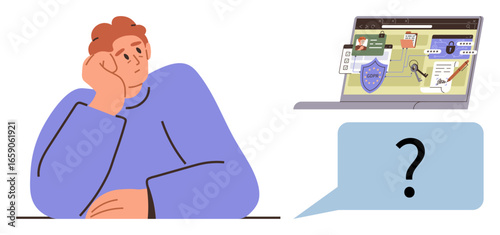 Curious man leans on hand with laptop displaying search results, question, and icons. Ideal for decision-making, online research, education, problem-solving, doubt, self-reflection simple flat
