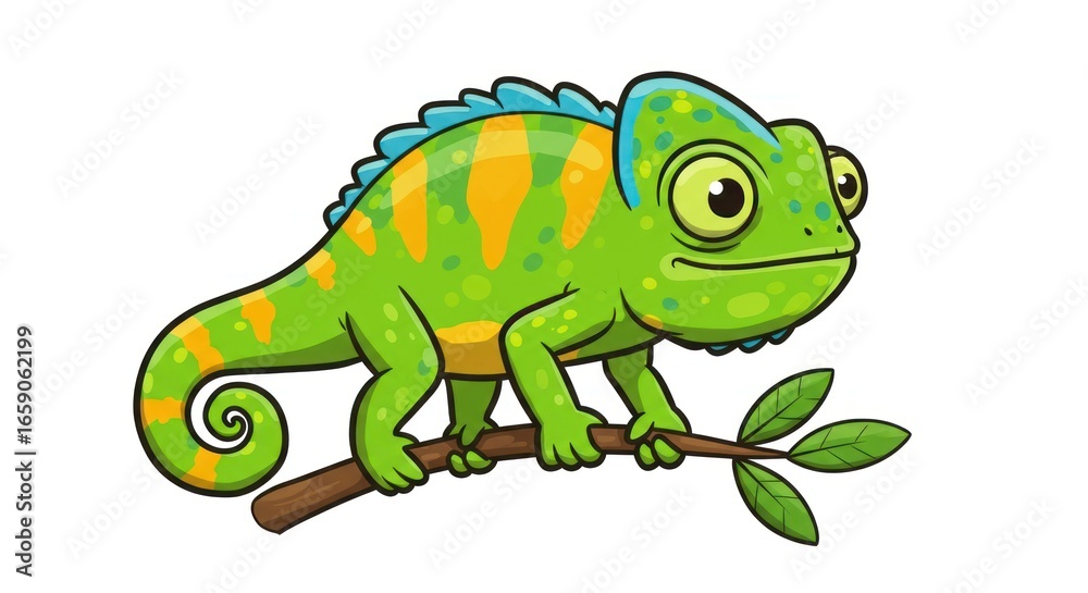 Fototapeta premium Adorable Cartoon Chameleon with Vibrant Green Skin and Yellow Stripes on a Branch