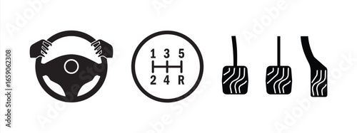 car driver sign. gear lever symbol. manual transmission sign. gear shifting. car pedal icon. Sign of the brake, clutch, and accelerator pedals in a manual transmission car. flat style.