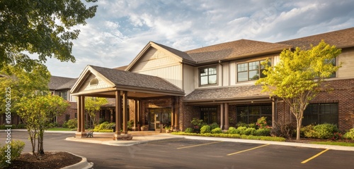 Wallpaper Mural Exterior of modern assisted living facility featuring covered entrance and wellmaintained landscaping on a sunny day, creating a welcoming and comfortable atmosphere. Torontodigital.ca