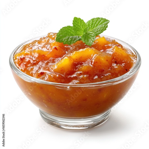 Fresh mango chutney in glass bowl with mint garnish