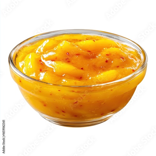 Spicy mango chutney in glass bowl on white background