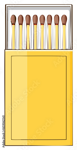 Vector illustration of an open yellow matchbox full of unlit wooden matches with blank packaging