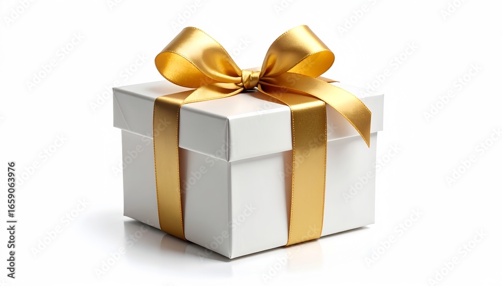 Obraz premium Luxurious Gift Box Wrapped in Gold Ribbon on a Minimalist White Background