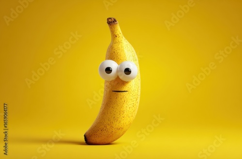 Humorous and adorable banana with googly eyes and a playful expression on a vibrant yellow background