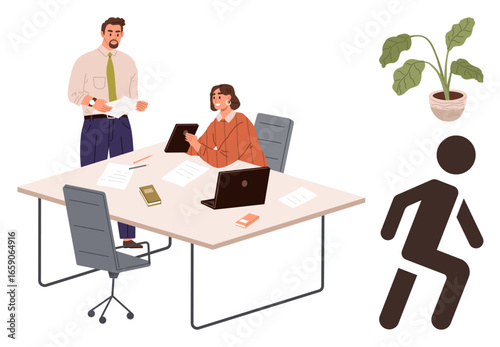Two colleagues discussing at desk with laptop, papers, and documents. Figure symbol walking, leafy plant decor. Ideal for teamwork, office communication, productivity, business strategy