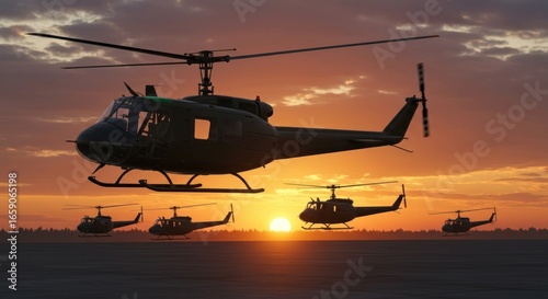 Dramatic Sunset Silhouette of a Military Huey Helicopter Squadron on an Airfield.