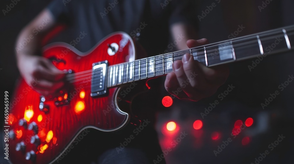 Obraz premium Close-Up of Guitarist Playing a Red Electric Guitar in Dark Setting