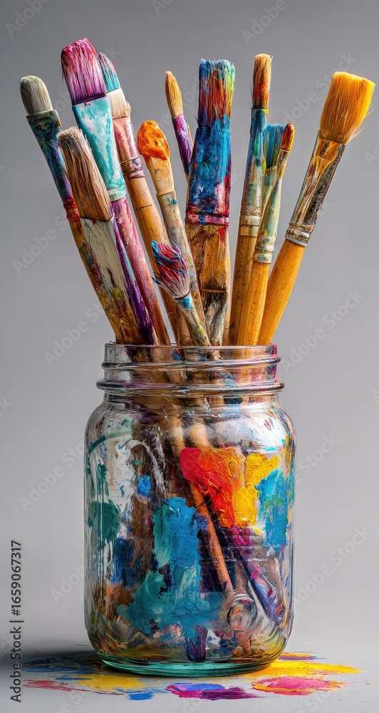 Fototapeta premium Colorful paintbrushes in a glass jar, showcasing vibrant paint residue