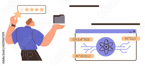 Person holding a star and folder with atom symbol on a screen. Ideal for innovation, data science, learning, evaluation, workforce productivity, digital management, simple flat metaphor