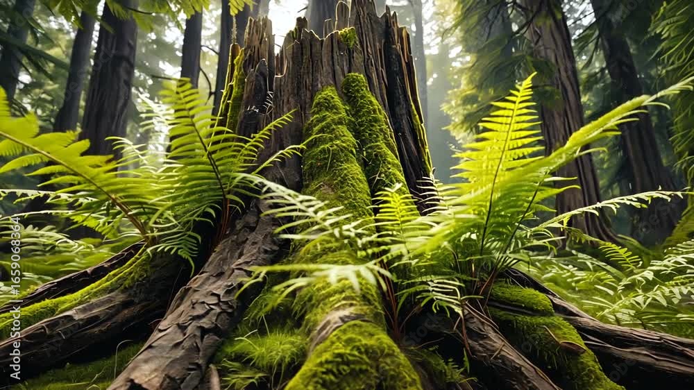 Lush green ferns growing around an ancient tree stump in a serene ...